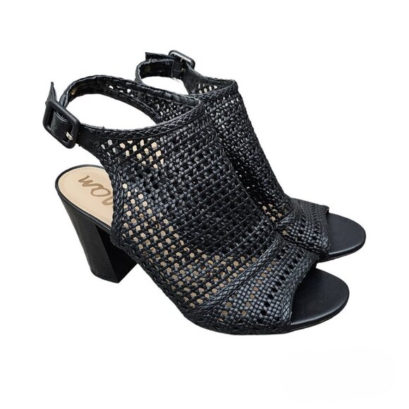 Sam Edelman Evie Basket Weave Open Toe Sling Back Black Block Heel Sandal - Picture 3 of 13